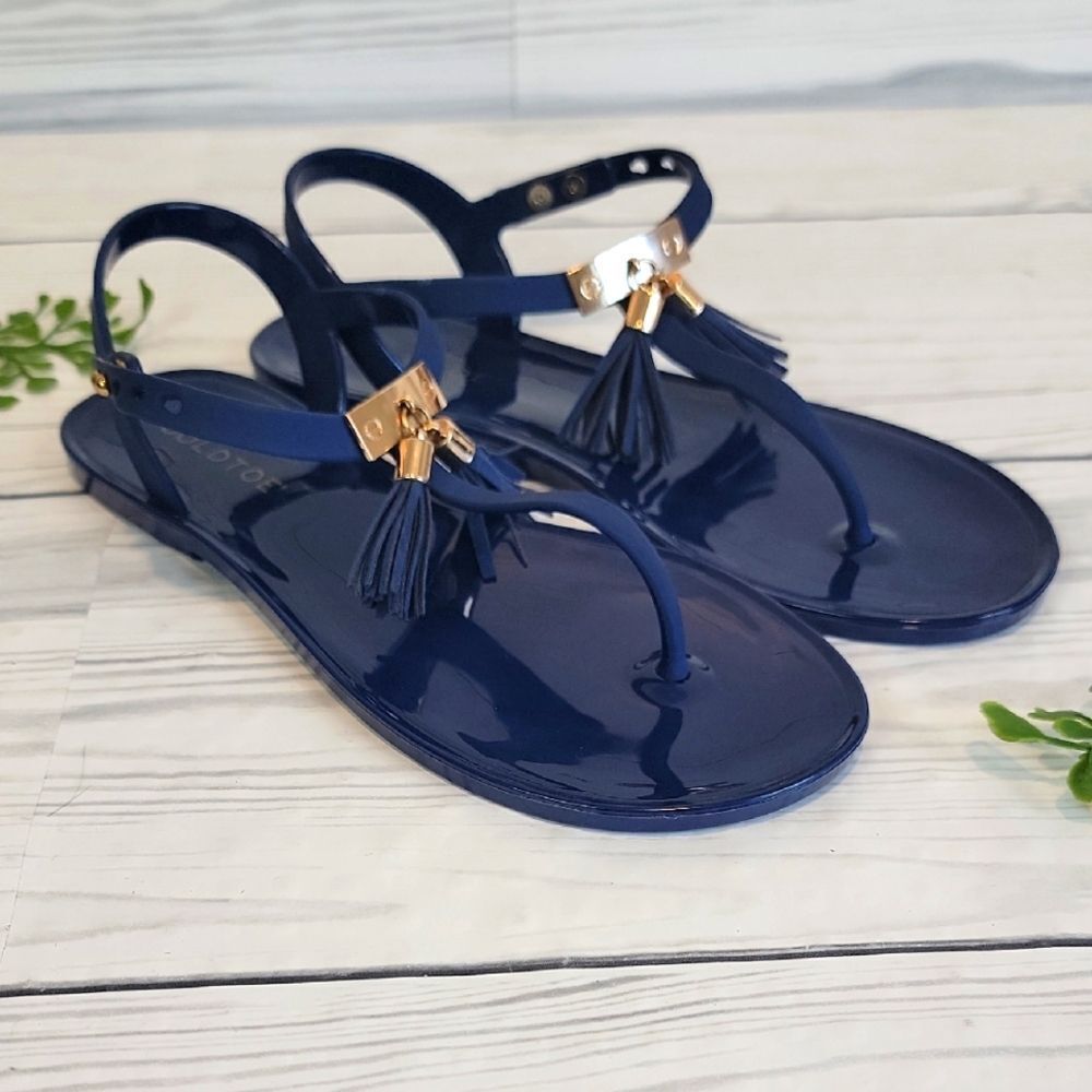 Gold Toe Blue Tassle Detail Flat Thong Sandals Womens Size 7